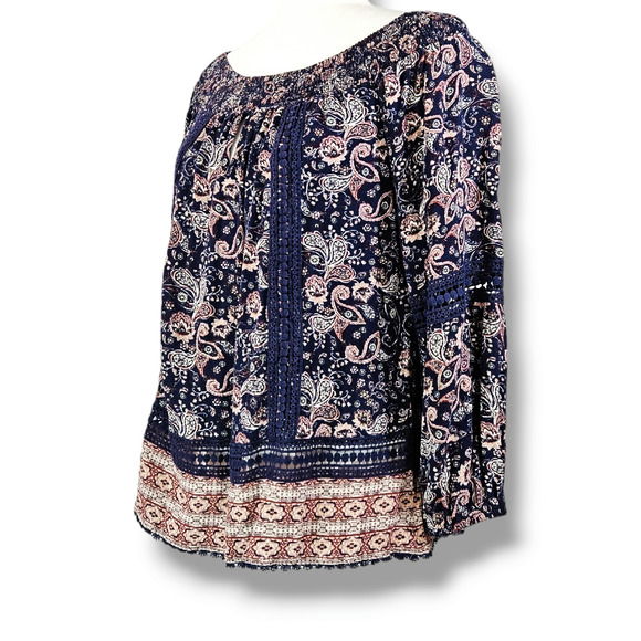 EUC Knox Rose Off Shoulder Bohemian Peasant Lace Paisley Blouse Sz. S Blue - Picture 1 of 10